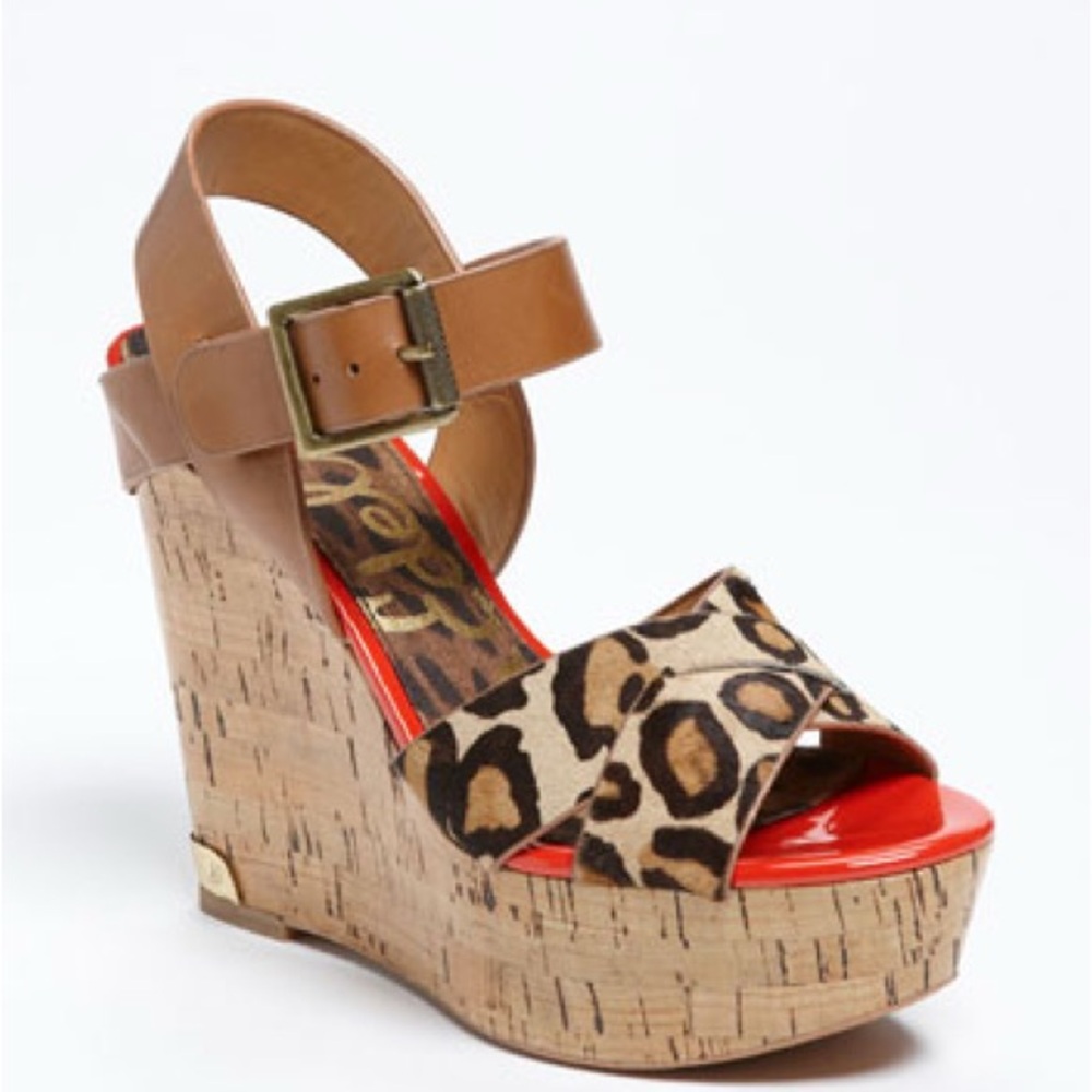 Sam Edelman Leopard Print Cork Wedge Sandals Size 8.5, 4” Heel